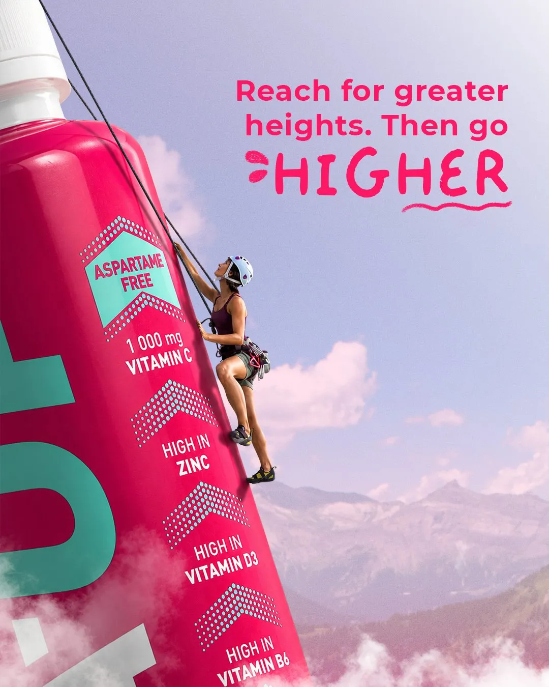 Vita-Up post: Reach for greater heights. Then go higher, a climber scaling a giant Cranberry bottle