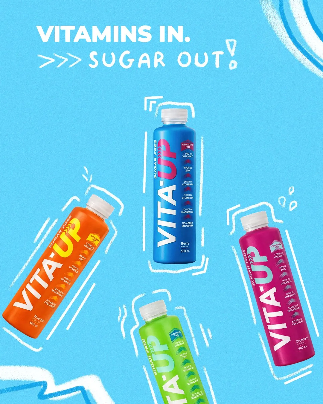 Vita-Up post: Vitamins in, sugar out, four bottles with hand-drawn doodles on light blue